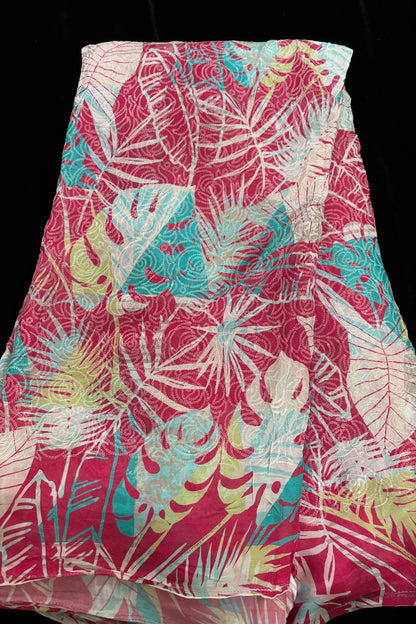 Tropical Leaf Printed with Running Mini Sequins Embroidered Chinnon Fabric