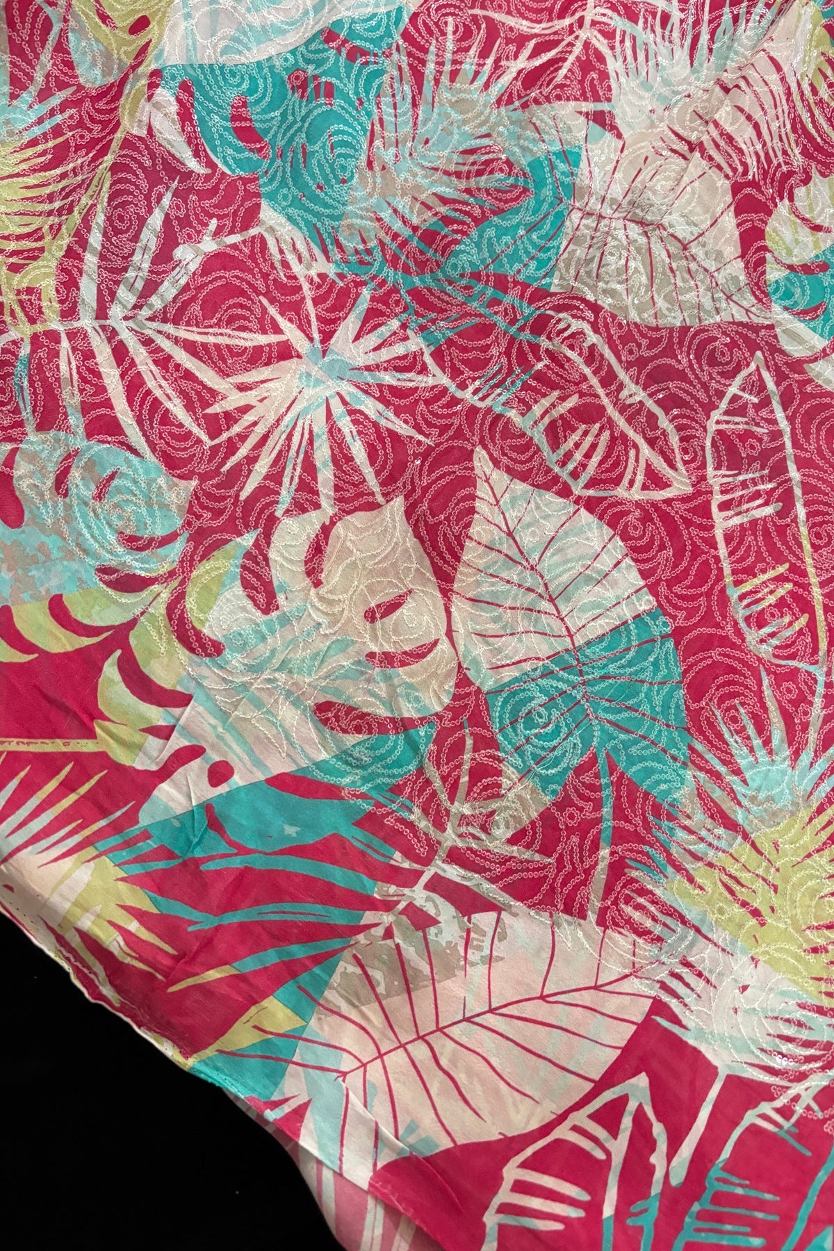 Tropical Leaf Printed with Running Mini Sequins Embroidered Chinnon Fabric