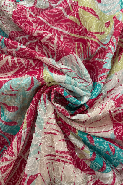 Tropical Leaf Printed with Running Mini Sequins Embroidered Chinnon Fabric