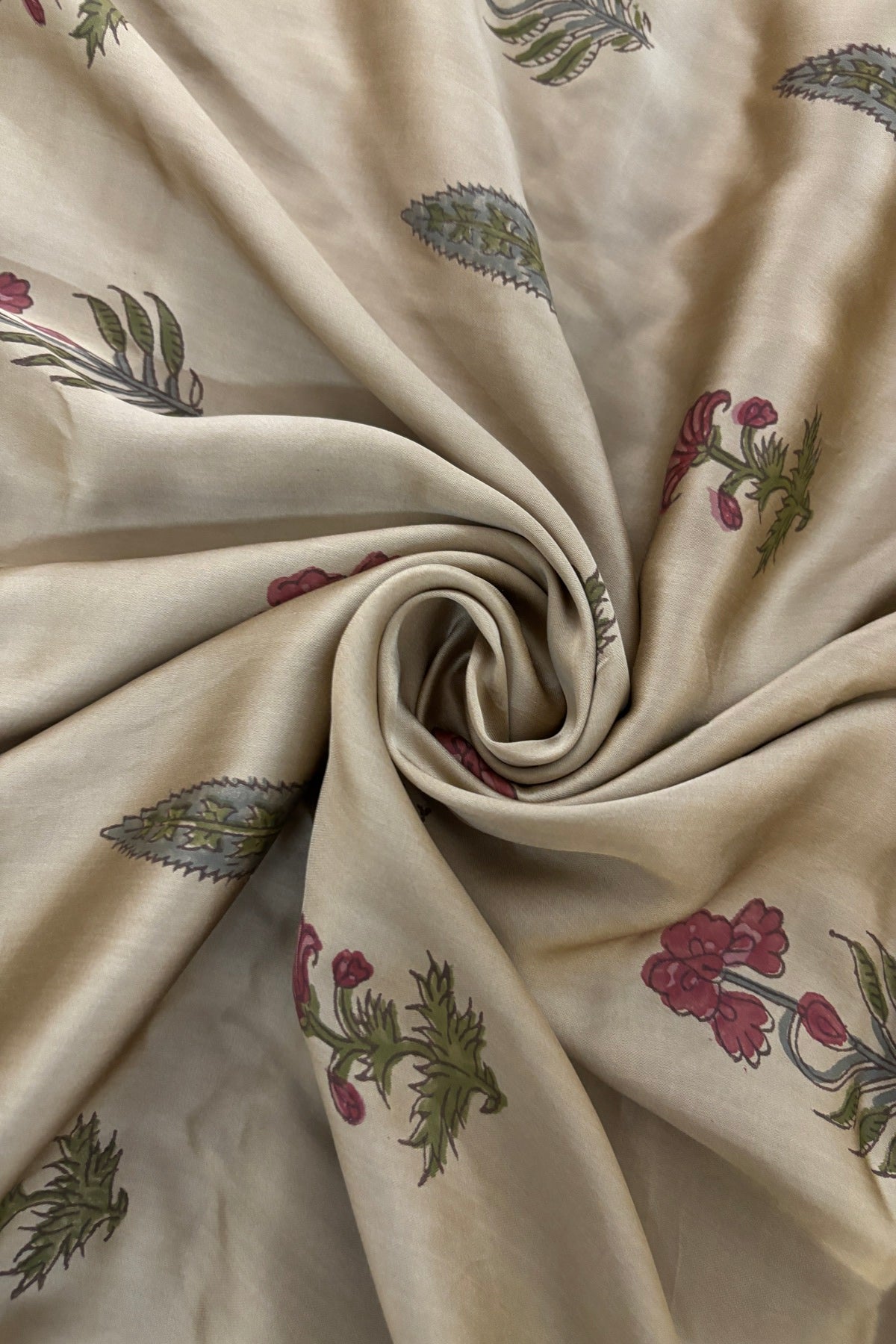 Ashoka Tree & Mughal Floral Handblock Printed Modal Satin Fabric