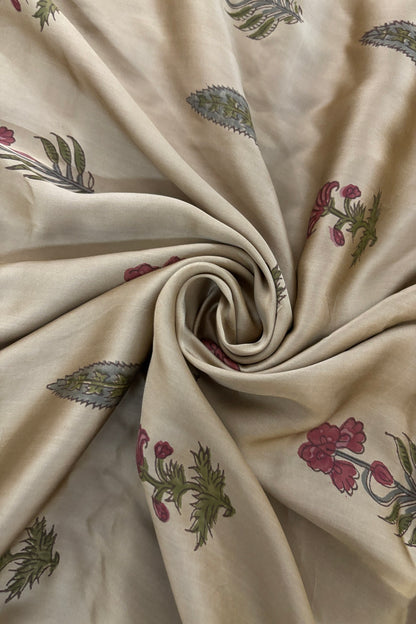 Ashoka Tree & Mughal Floral Handblock Printed Modal Satin Fabric