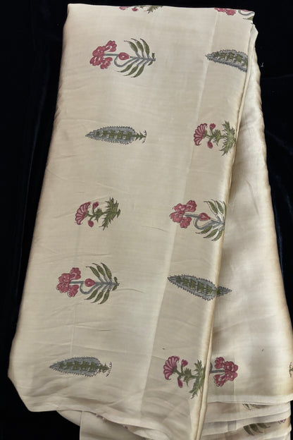 Ashoka Tree & Mughal Floral Handblock Printed Modal Satin Fabric