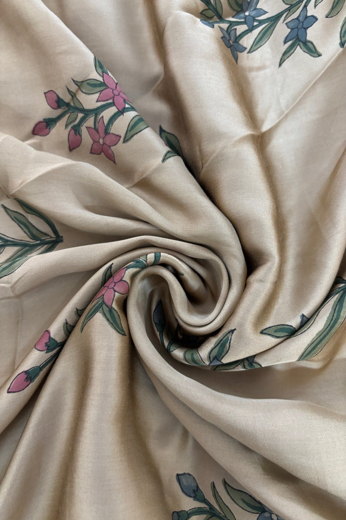 Tranquil Floral Mughal Floral Handblock Printed Modal Satin Fabric