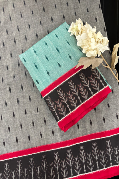 Tree Motif Woven Bordered Mercerised Ikkat Cotton Fabric