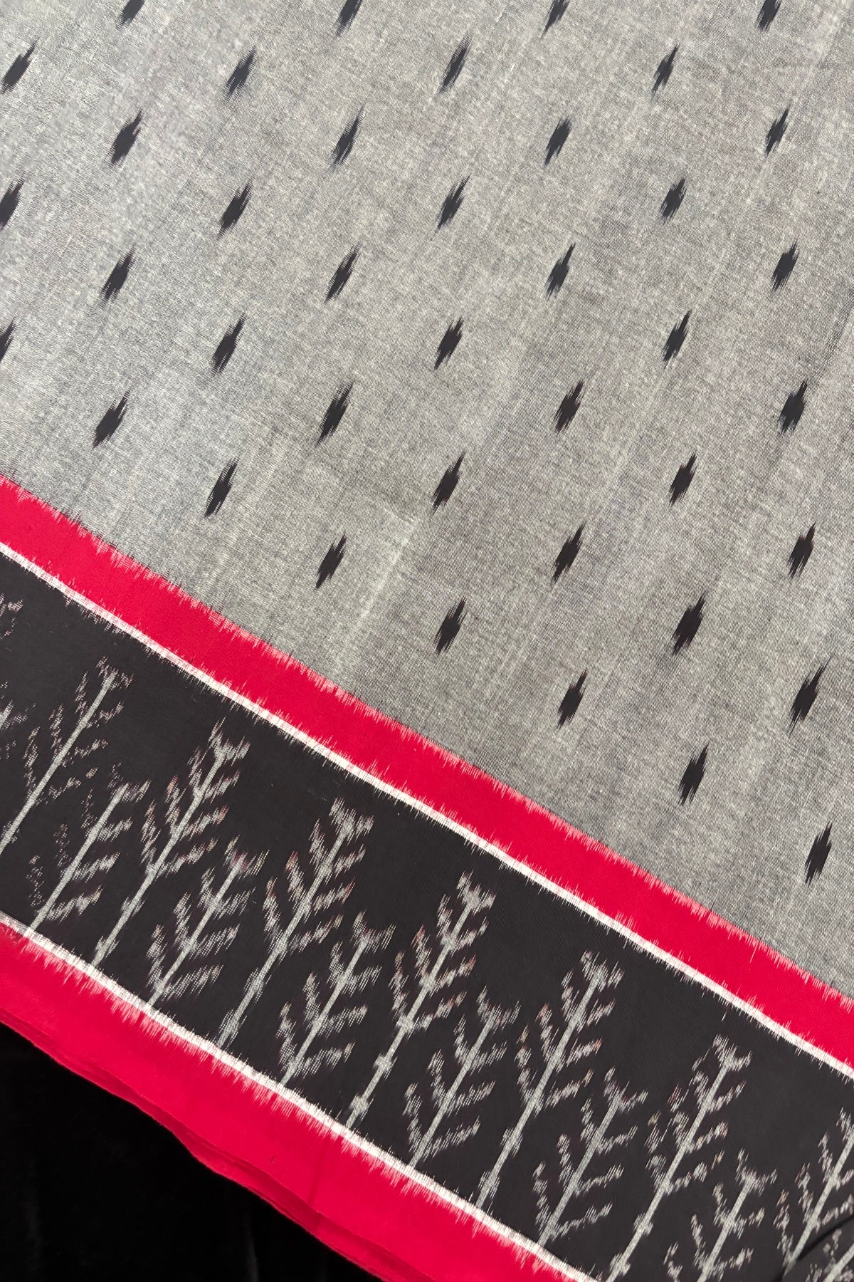 Tree Motif Woven Bordered Mercerised Ikkat Cotton Fabric