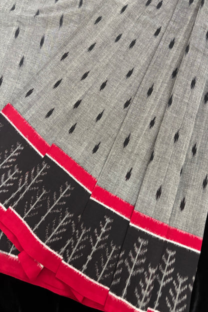 Tree Motif Woven Bordered Mercerised Ikkat Cotton Fabric