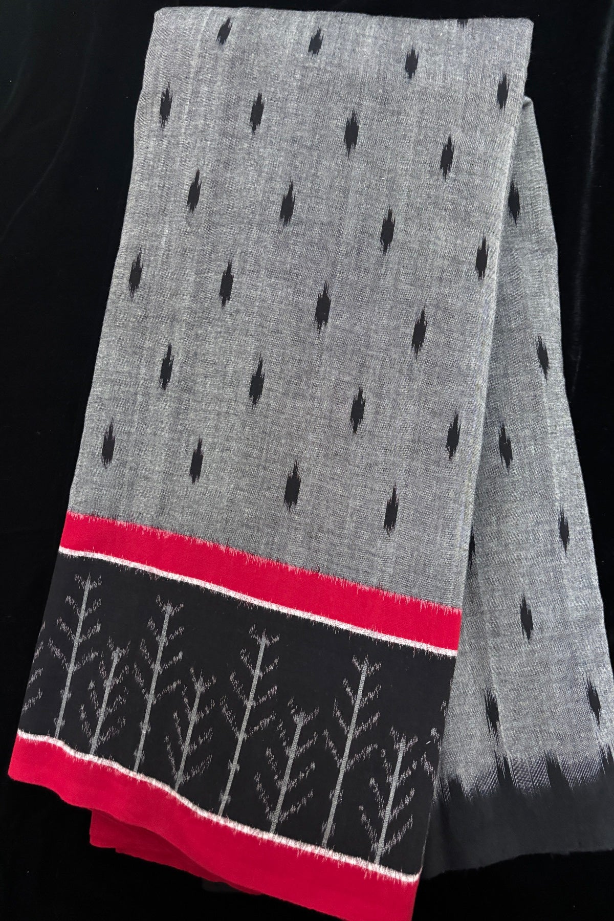 Tree Motif Woven Bordered Mercerised Ikkat Cotton Fabric