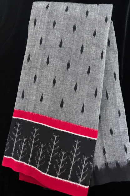 Tree Motif Woven Bordered Mercerised Ikkat Cotton Fabric