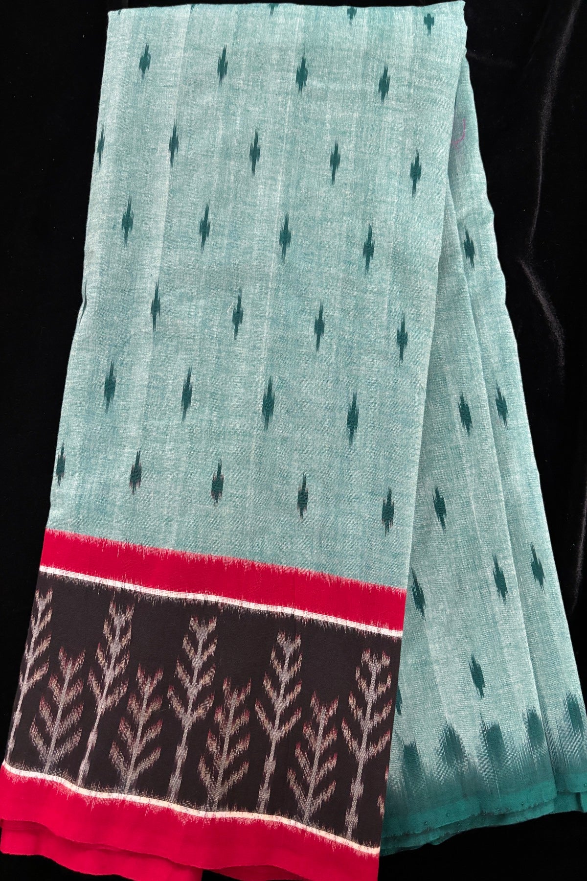 Tree Motif Woven Bordered Mercerised Ikkat Cotton Fabric