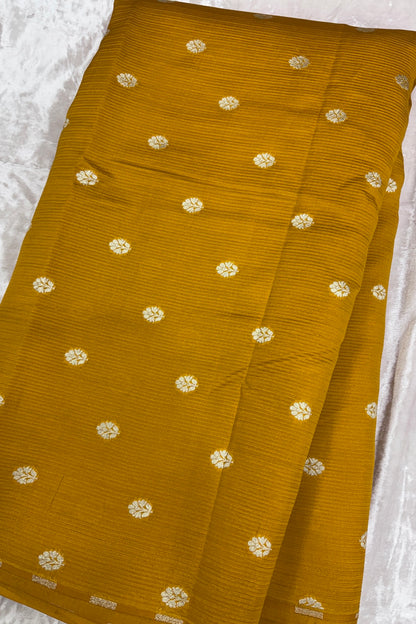 Horizontal Embossed Stripes Pure Banaras Silk Fabric With Golden Zari Butties