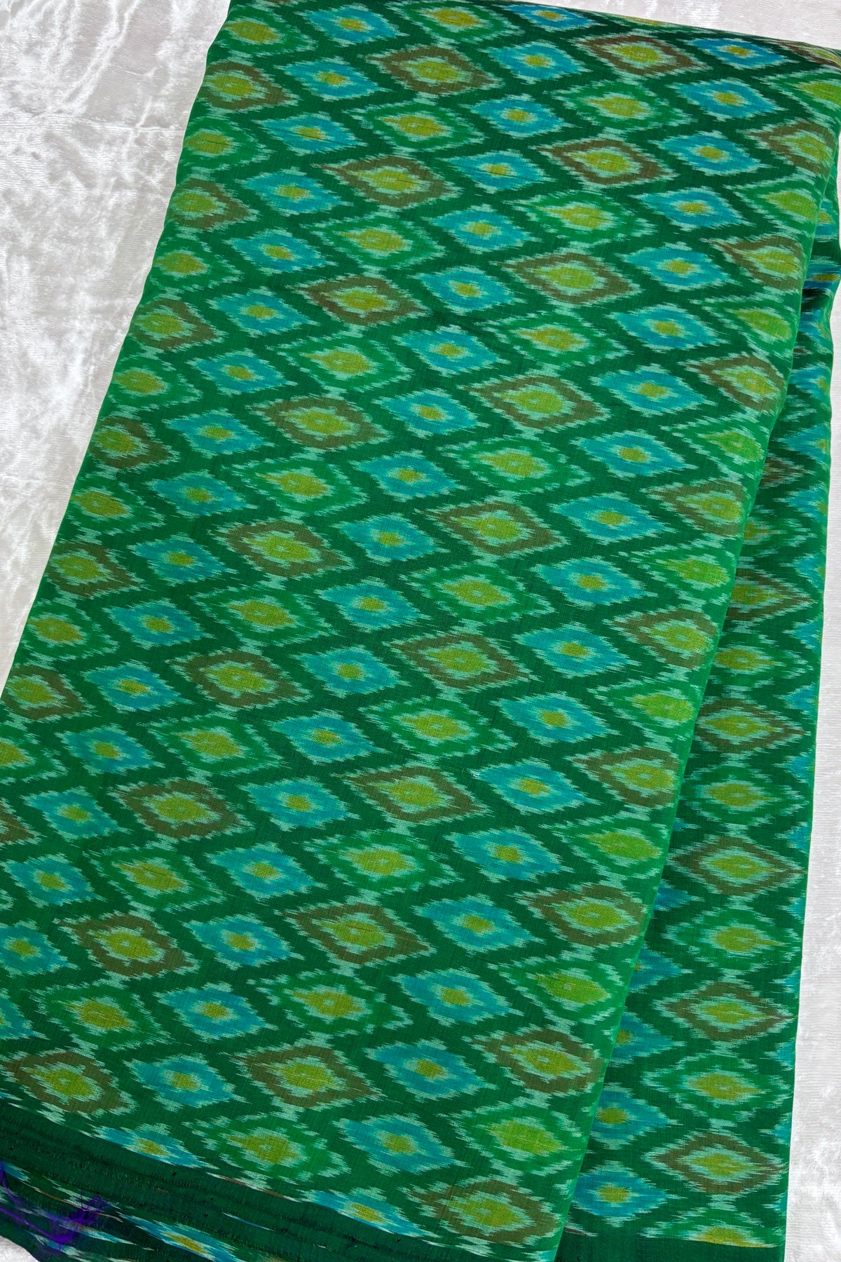 Moss Green Woven Pure Cotton Silk Ikkat Fabric