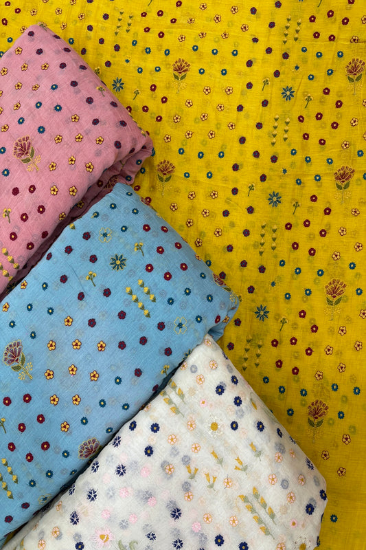 Multi Threads & Multi Flowers Embroidered Pure Mul Chanderi Fabric