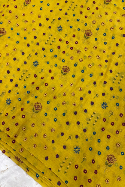 Multi Threads & Multi Flowers Embroidered Pure Mul Chanderi Fabric