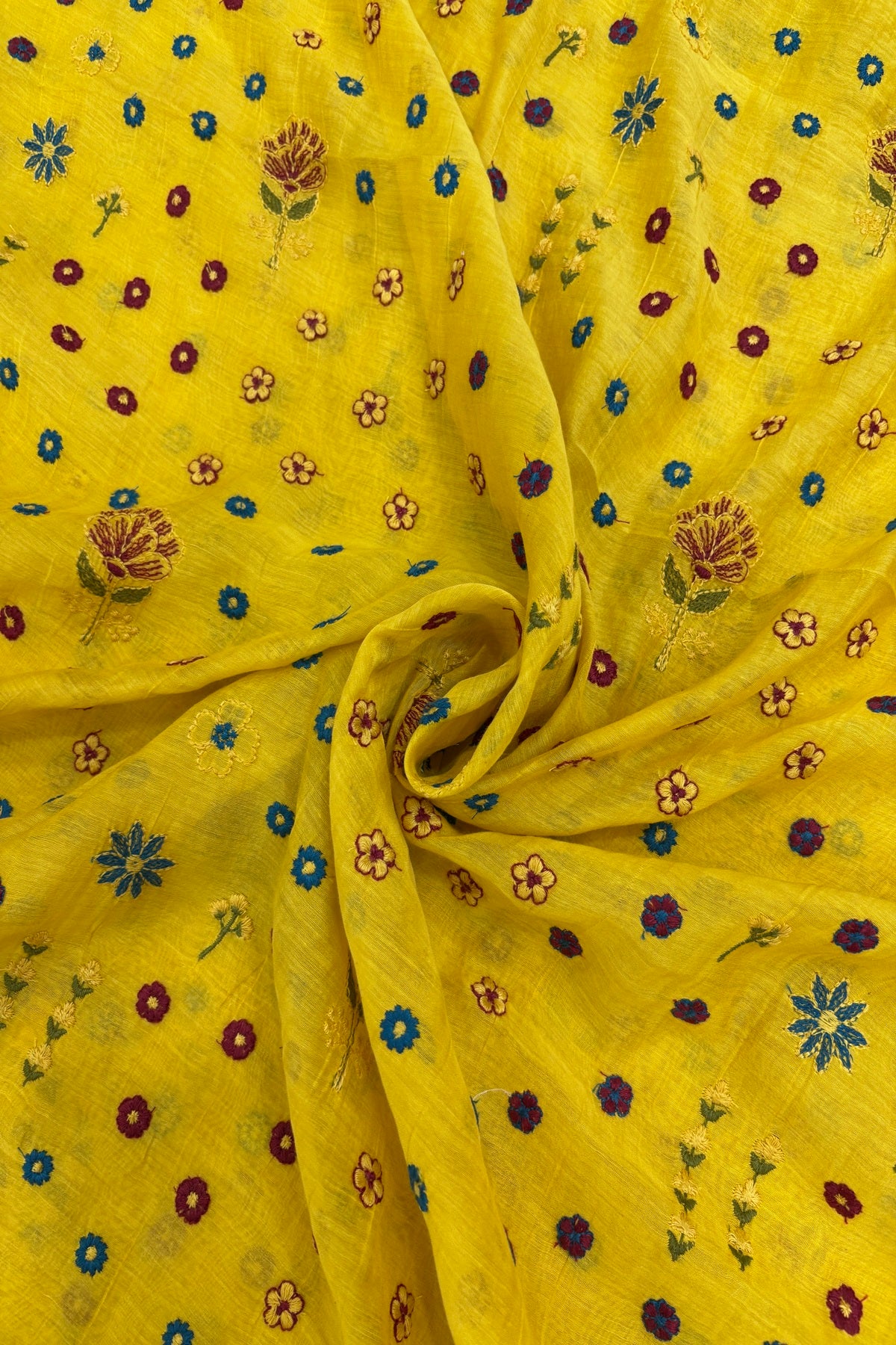 Multi Threads & Multi Flowers Embroidered Pure Mul Chanderi Fabric