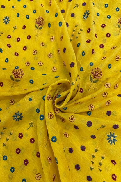 Multi Threads & Multi Flowers Embroidered Pure Mul Chanderi Fabric