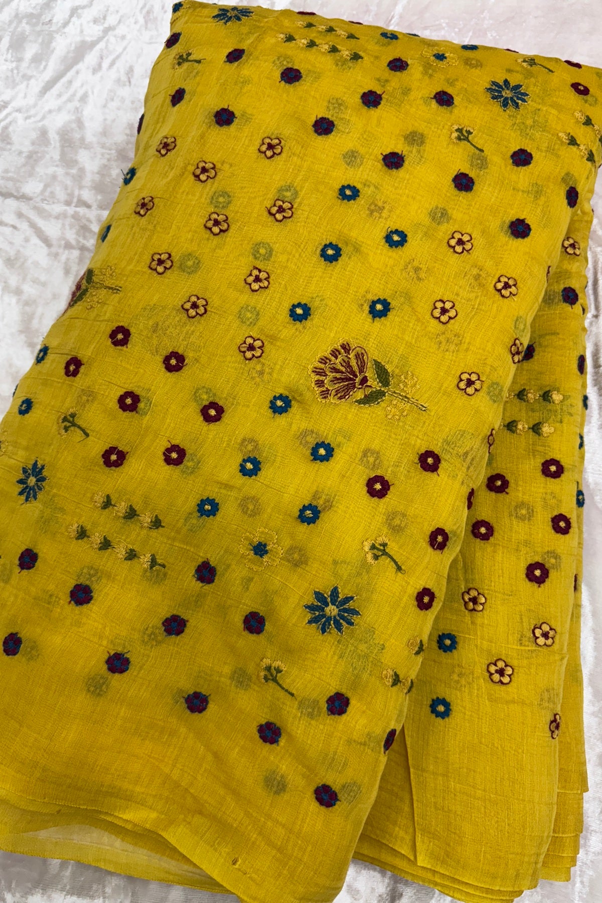 Multi Threads & Multi Flowers Embroidered Pure Mul Chanderi Fabric