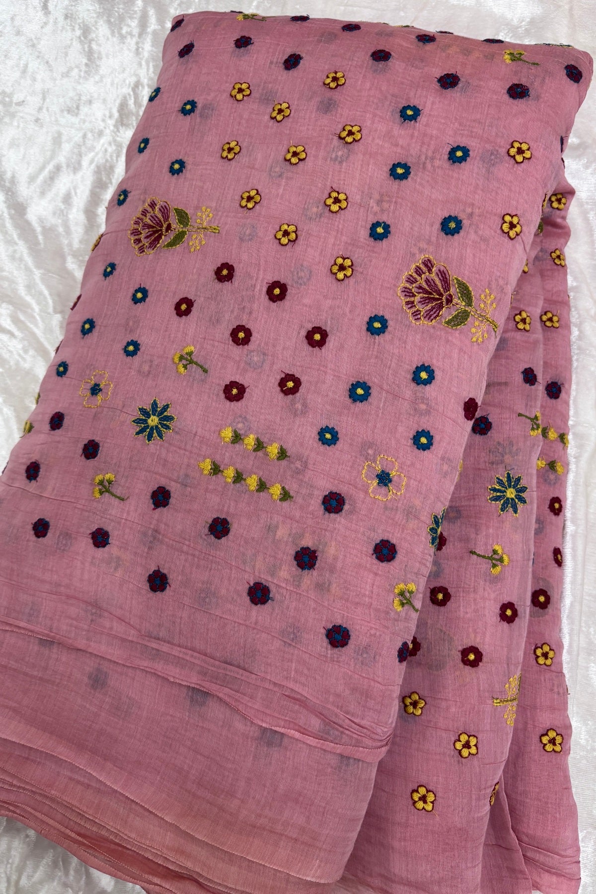 Multi Threads & Multi Flowers Embroidered Pure Mul Chanderi Fabric
