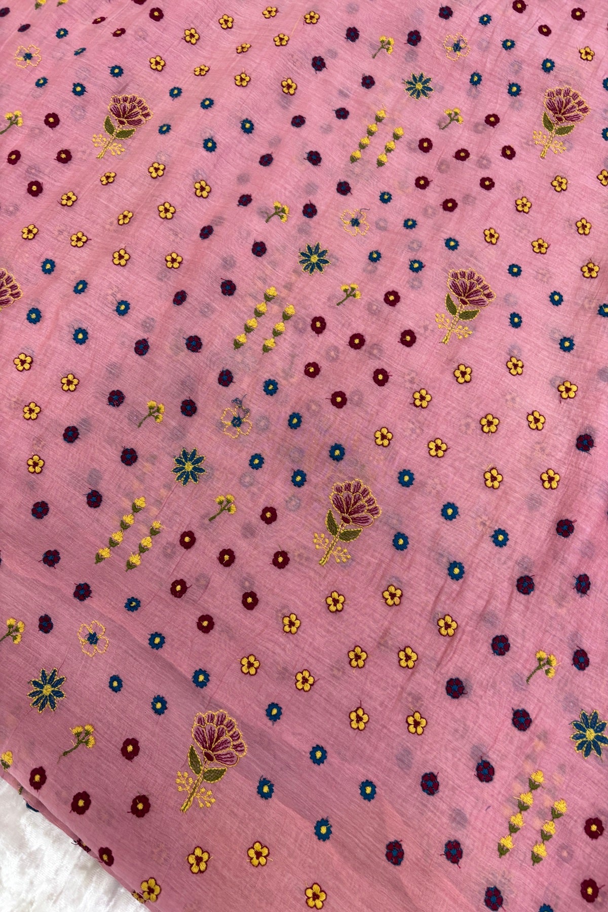Multi Threads & Multi Flowers Embroidered Pure Mul Chanderi Fabric