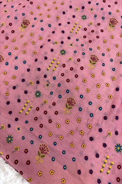 Multi Threads & Multi Flowers Embroidered Pure Mul Chanderi Fabric
