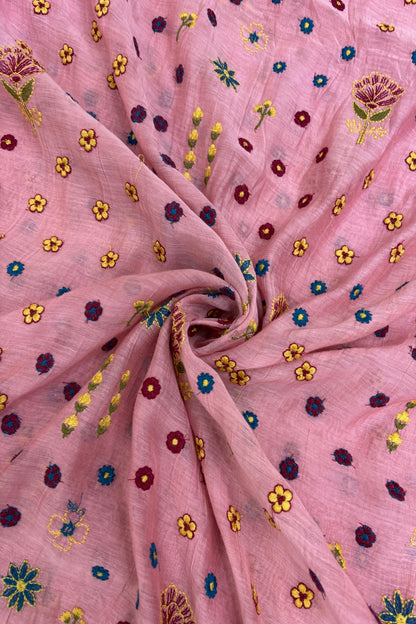 Multi Threads & Multi Flowers Embroidered Pure Mul Chanderi Fabric