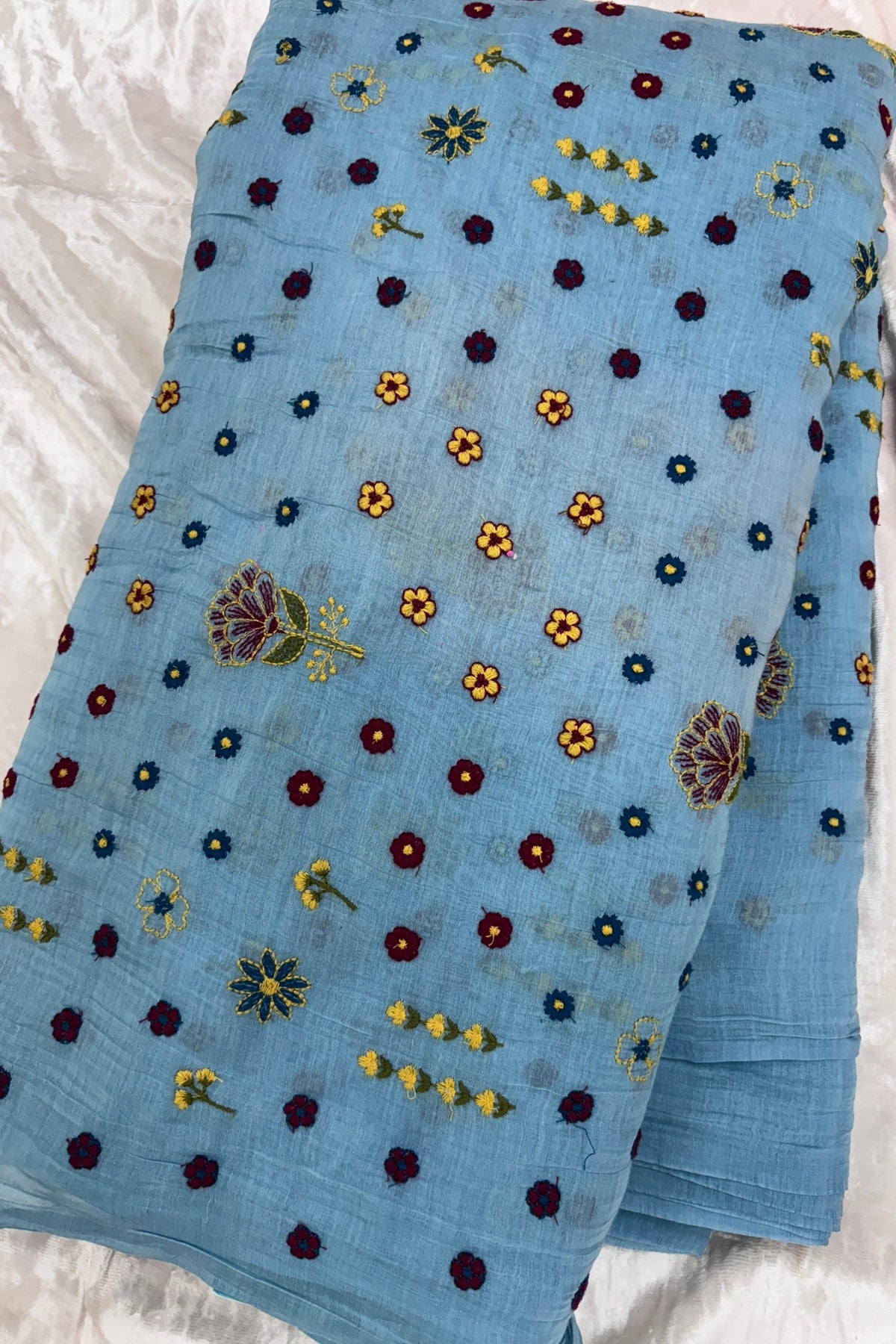 Multi Threads & Multi Flowers Embroidered Pure Mul Chanderi Fabric