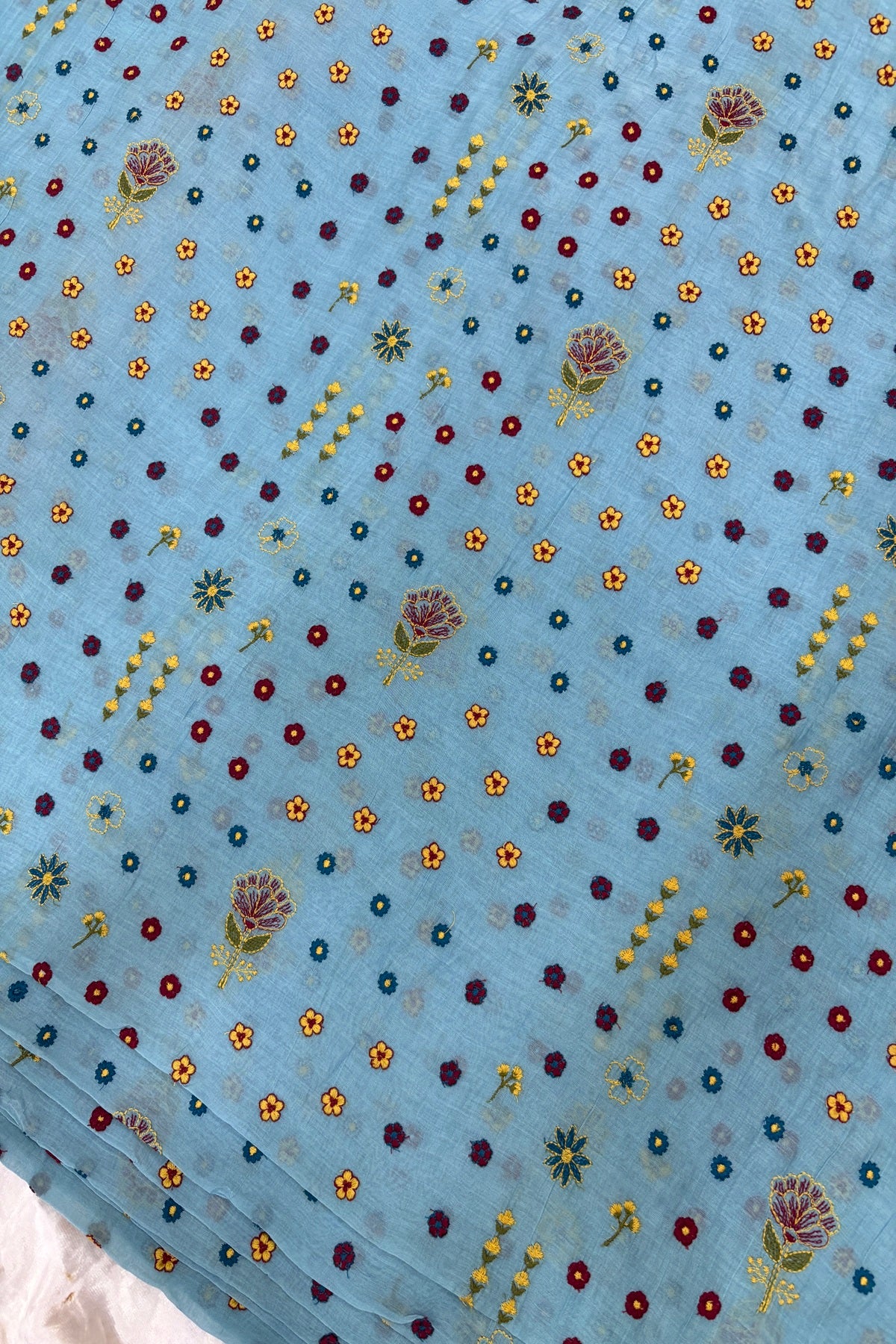 Multi Threads & Multi Flowers Embroidered Pure Mul Chanderi Fabric