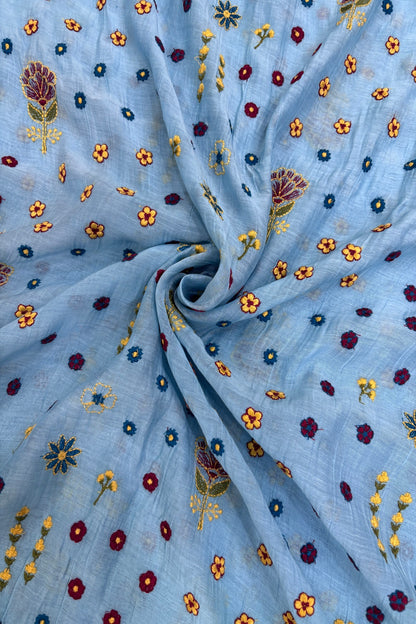 Multi Threads & Multi Flowers Embroidered Pure Mul Chanderi Fabric