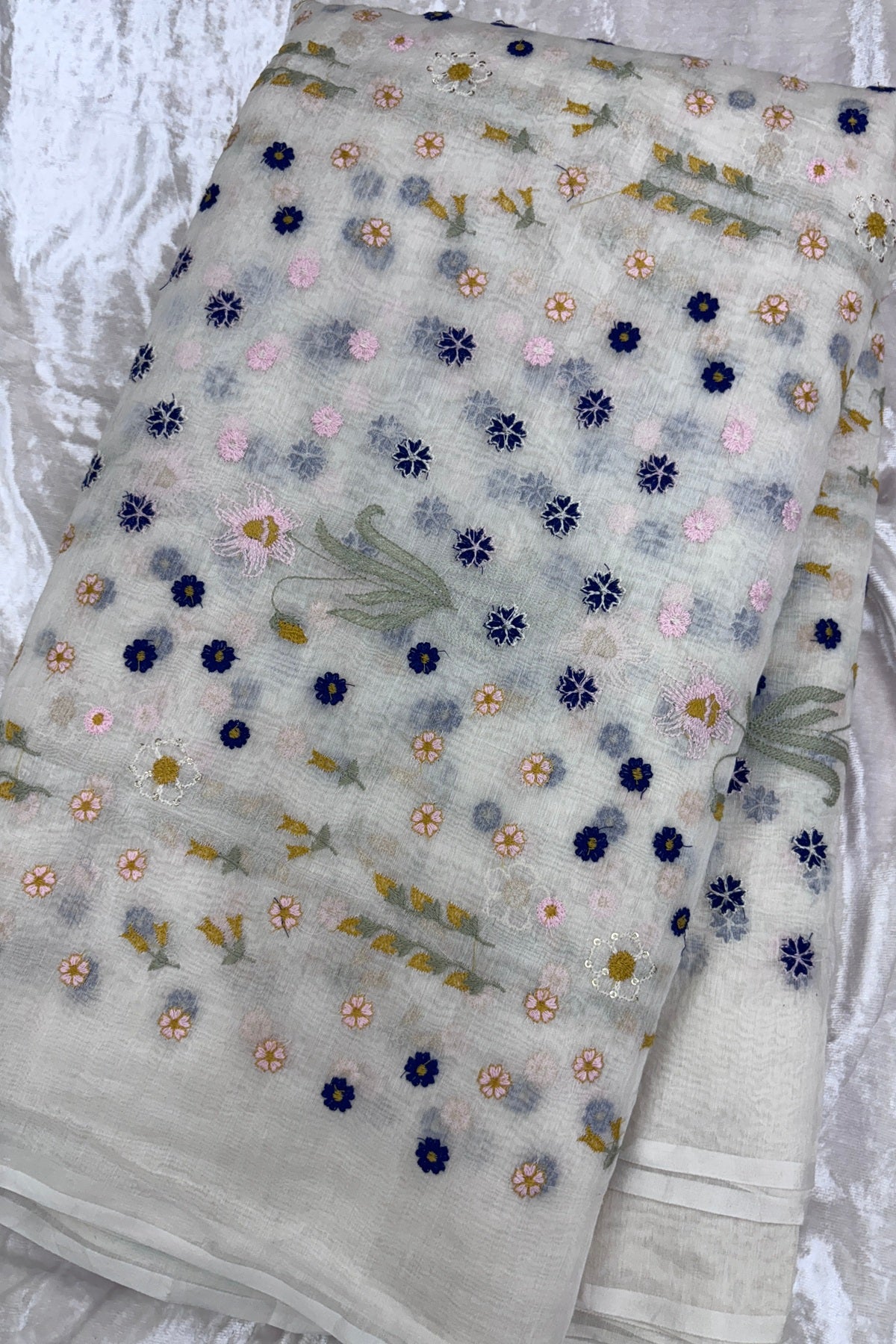 Multi Threads & Multi Flowers Embroidered Pure Mul Chanderi Fabric
