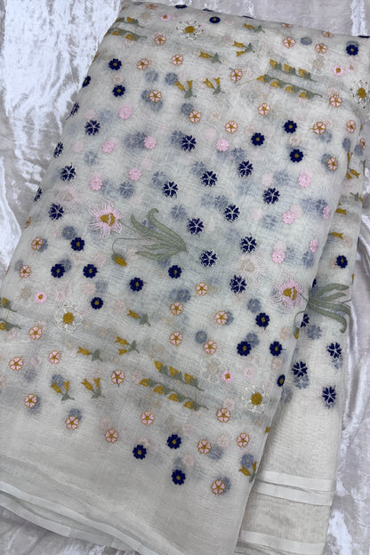 Multi Threads & Multi Flowers Embroidered Pure Mul Chanderi Fabric