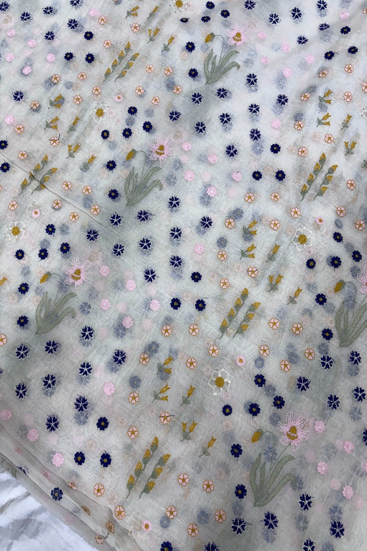 Multi Threads & Multi Flowers Embroidered Pure Mul Chanderi Fabric