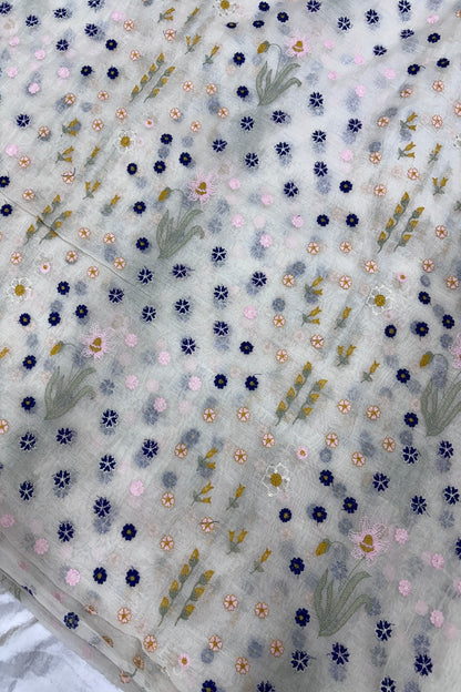 Multi Threads & Multi Flowers Embroidered Pure Mul Chanderi Fabric