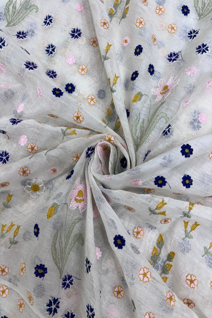 Multi Threads & Multi Flowers Embroidered Pure Mul Chanderi Fabric