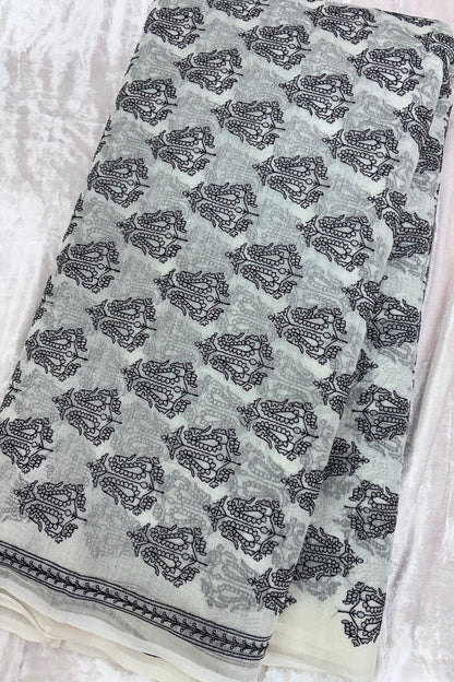 Kasuti Designs Black thread Embroidered Pure Mul Chanderi Fabric With One inch Border