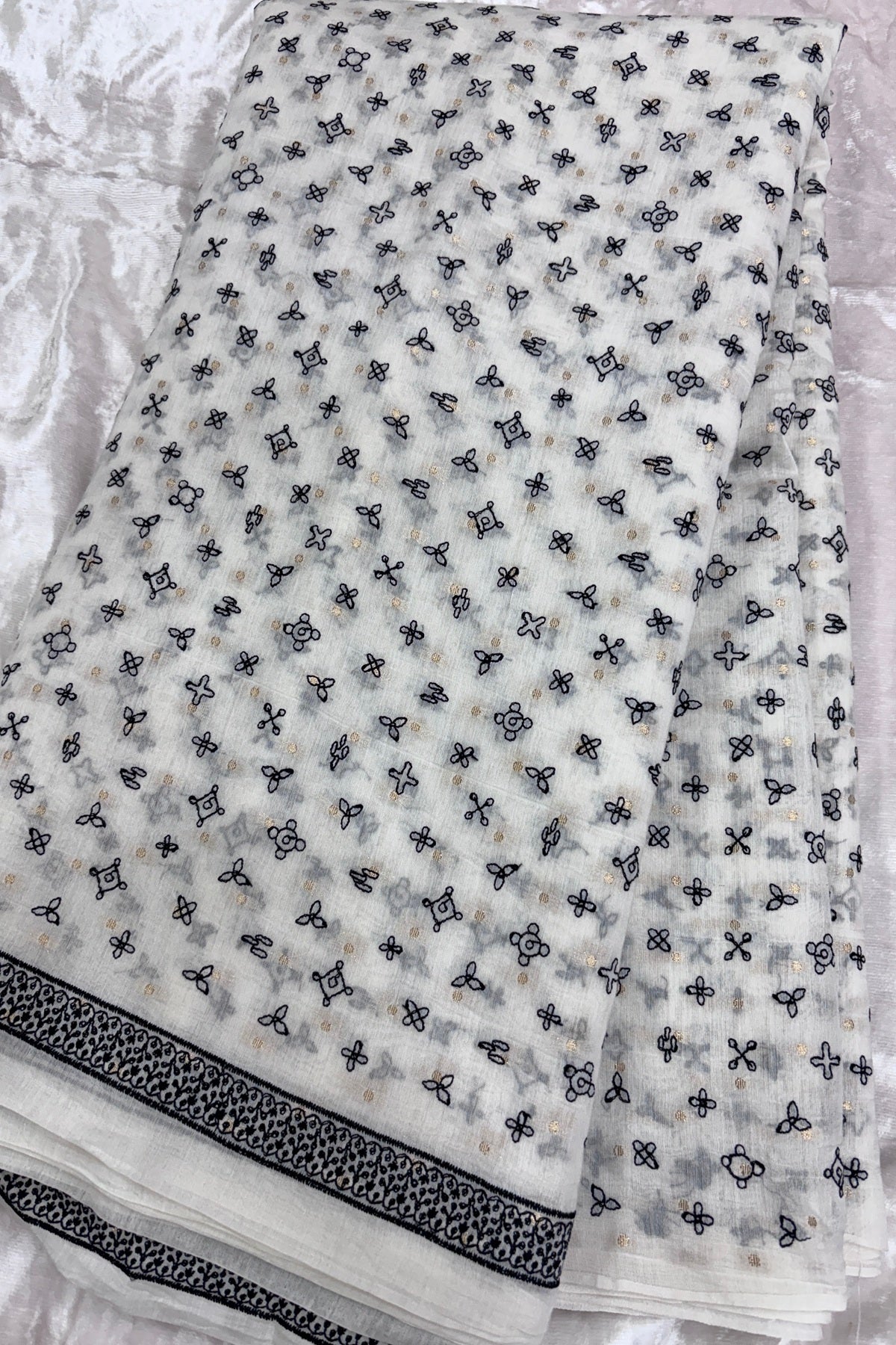 Kolam Designs Black Thread Embroidered Pure Mul Chanderi Fabric With One Inch Border