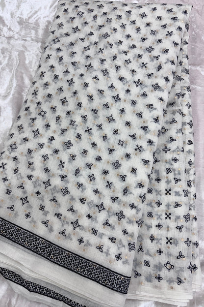 Kolam Designs Black Thread Embroidered Pure Mul Chanderi Fabric With One Inch Border