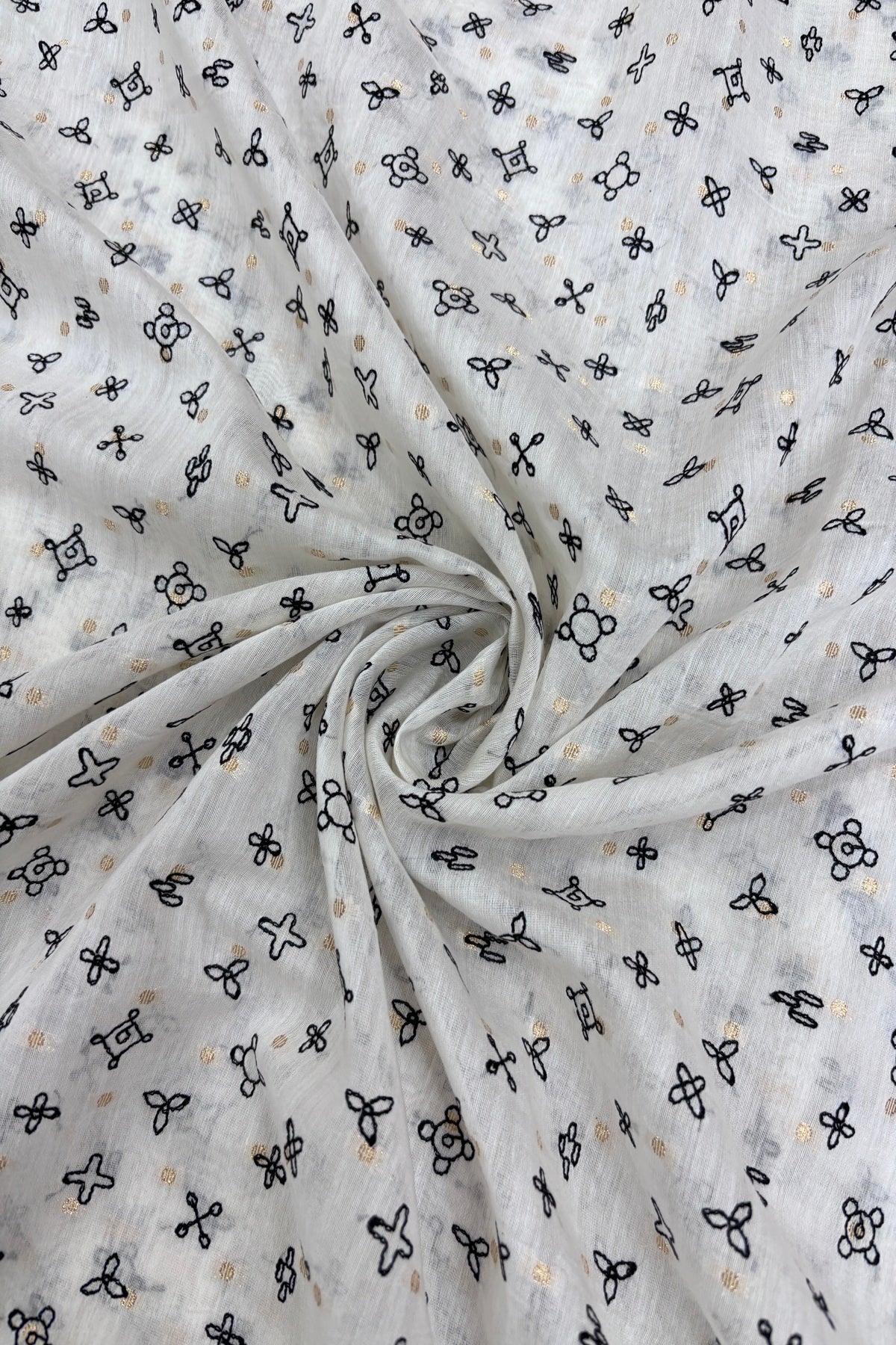 Diamond Shape Floral Motif Black Thread Embroidered With Half Inch Border Pure Mul Chanderi Fabric