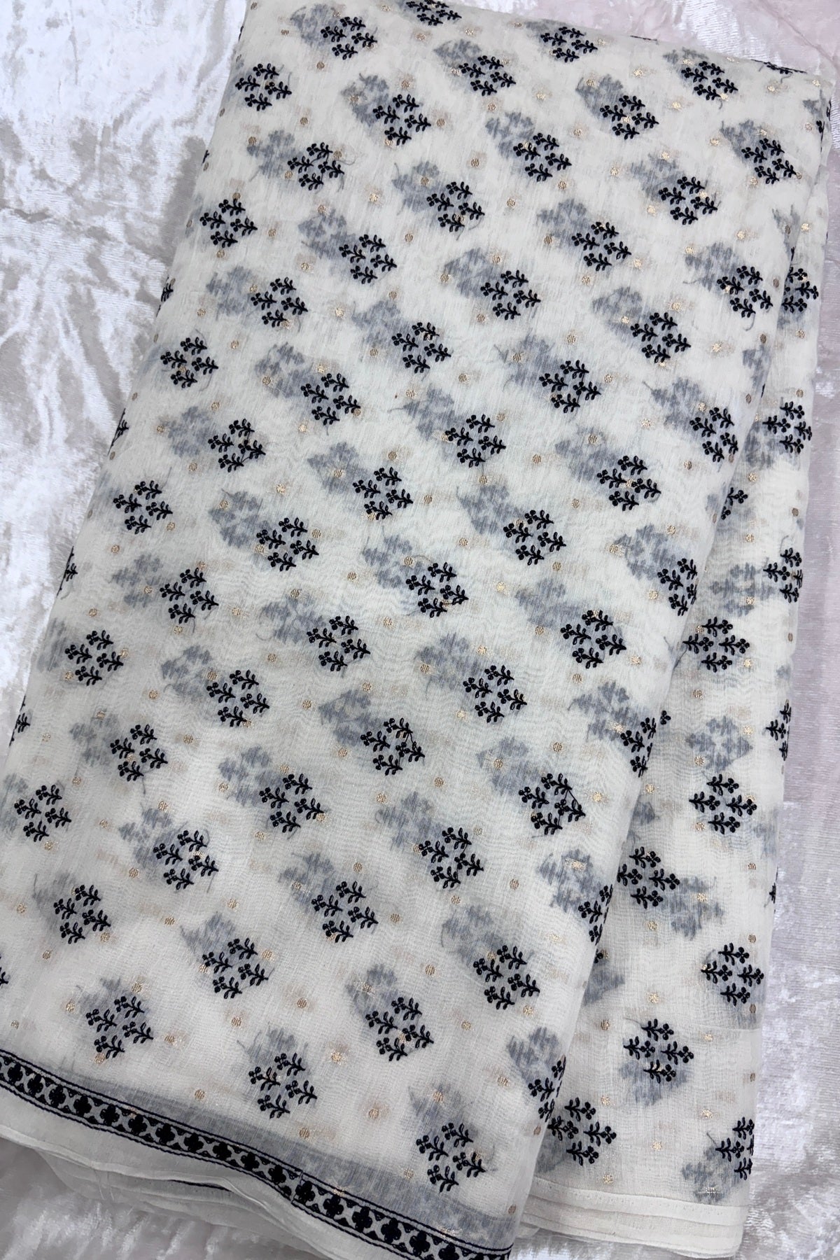 Diamond Shape Floral Motif Black Thread Embroidered With Half Inch Border Pure Mul Chanderi Fabric