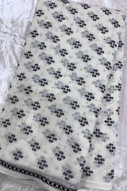 Diamond Shape Floral Motif Black Thread Embroidered With Half Inch Border Pure Mul Chanderi Fabric