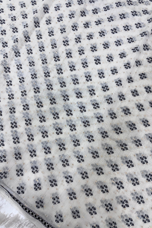 Diamond Shape Floral Motif Black Thread Embroidered With Half Inch Border Pure Mul Chanderi Fabric