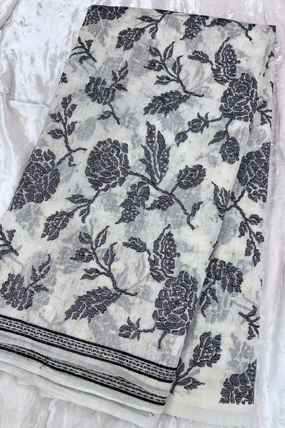 Black Rose Flowers Embroidered Pure Mul Chanderi Fabric With One Inch Border & Zari Woven Polka Dots