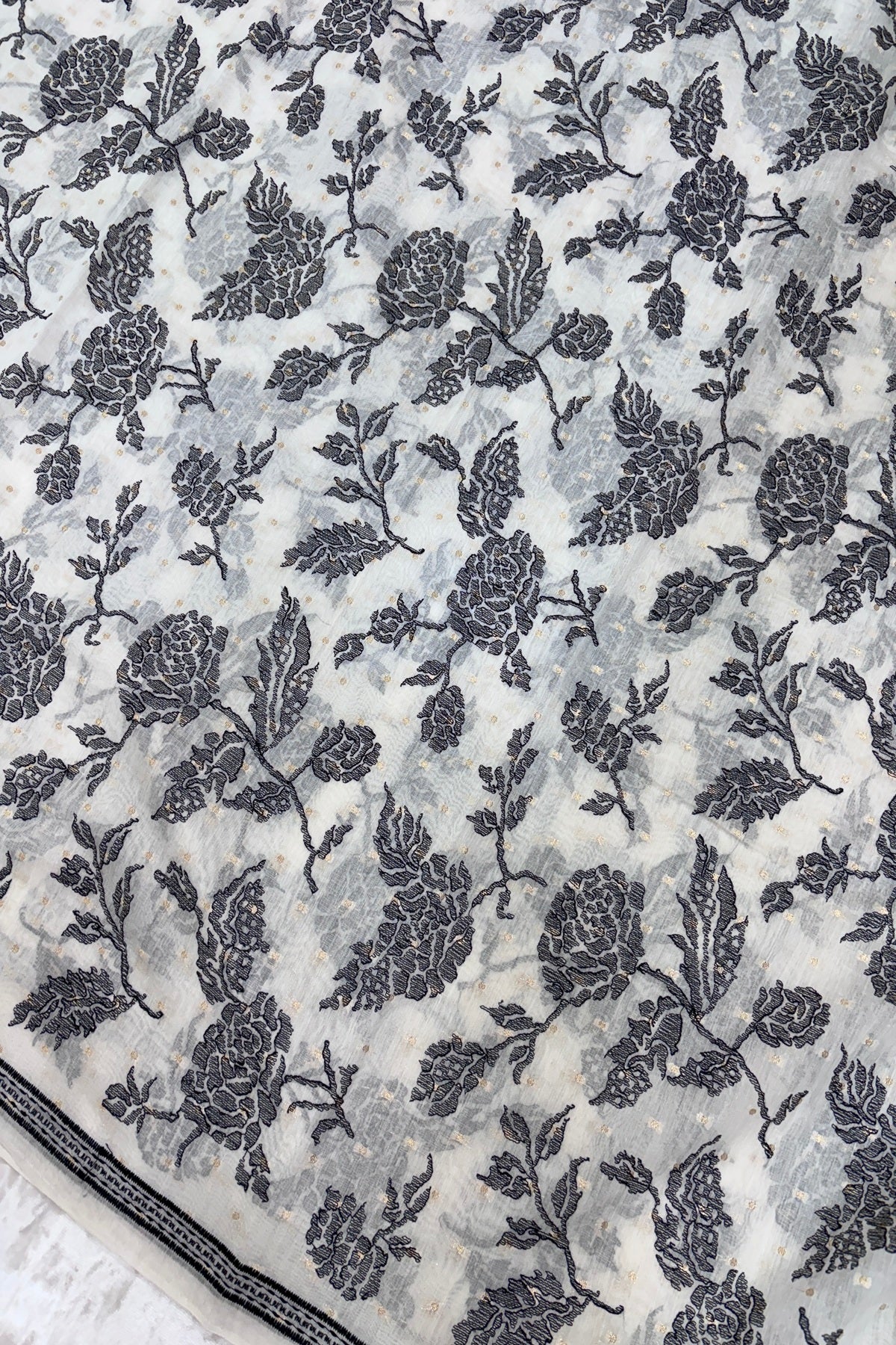Black Rose Flowers Embroidered Pure Mul Chanderi Fabric With One Inch Border & Zari Woven Polka Dots