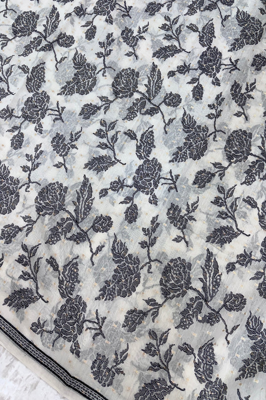 Black Rose Flowers Embroidered Pure Mul Chanderi Fabric With One Inch Border & Zari Woven Polka Dots