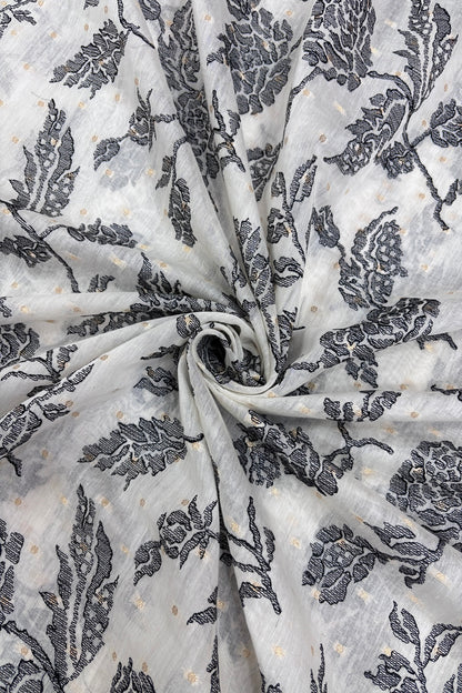 Black Rose Flowers Embroidered Pure Mul Chanderi Fabric With One Inch Border & Zari Woven Polka Dots