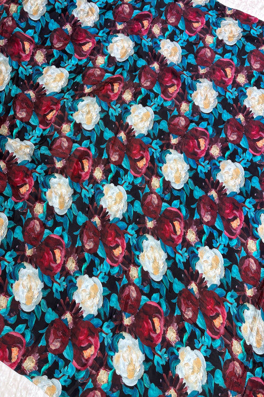 Black Multi Color Floral Printed With White & Maroon Crepe Fabric