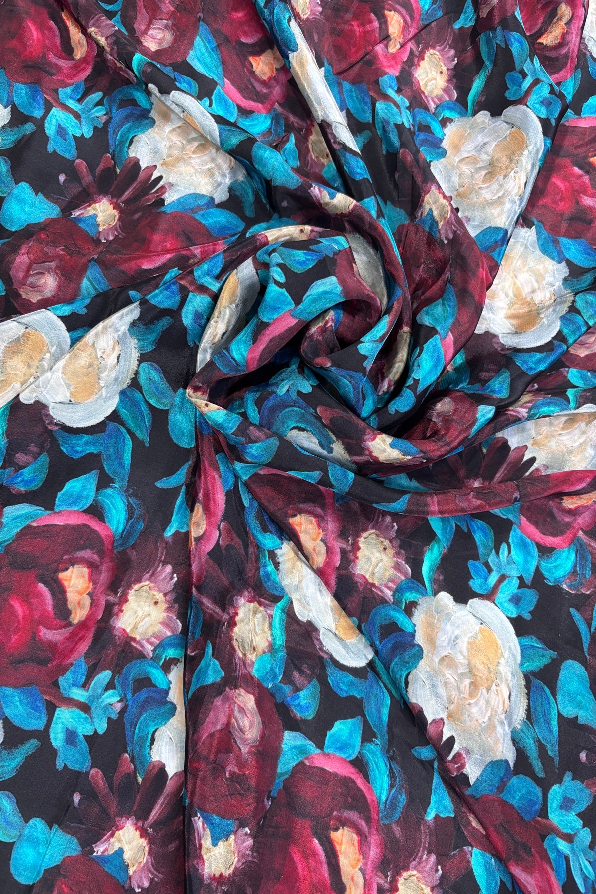 Black Multi Color Floral Printed With White & Maroon Crepe Fabric