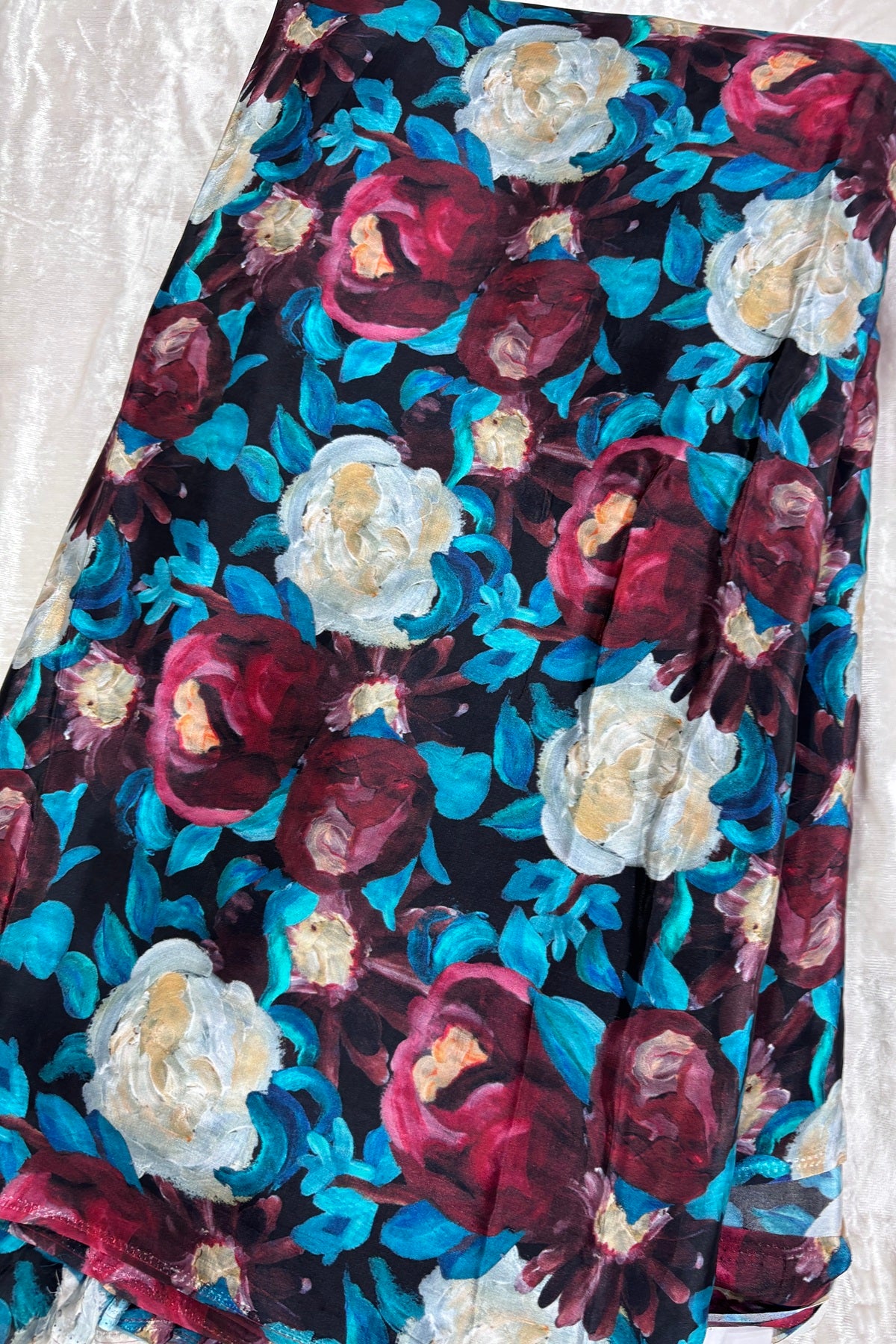 Black Multi Color Floral Printed With White & Maroon Crepe Fabric