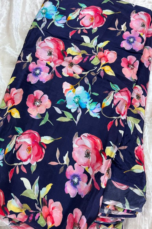Midnight Blue Multi Color Floral Printed Crepe Fabric
