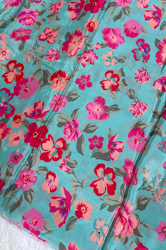 Teal Sea Green Peach & Pink Color Floral Printed Crepe Fabric