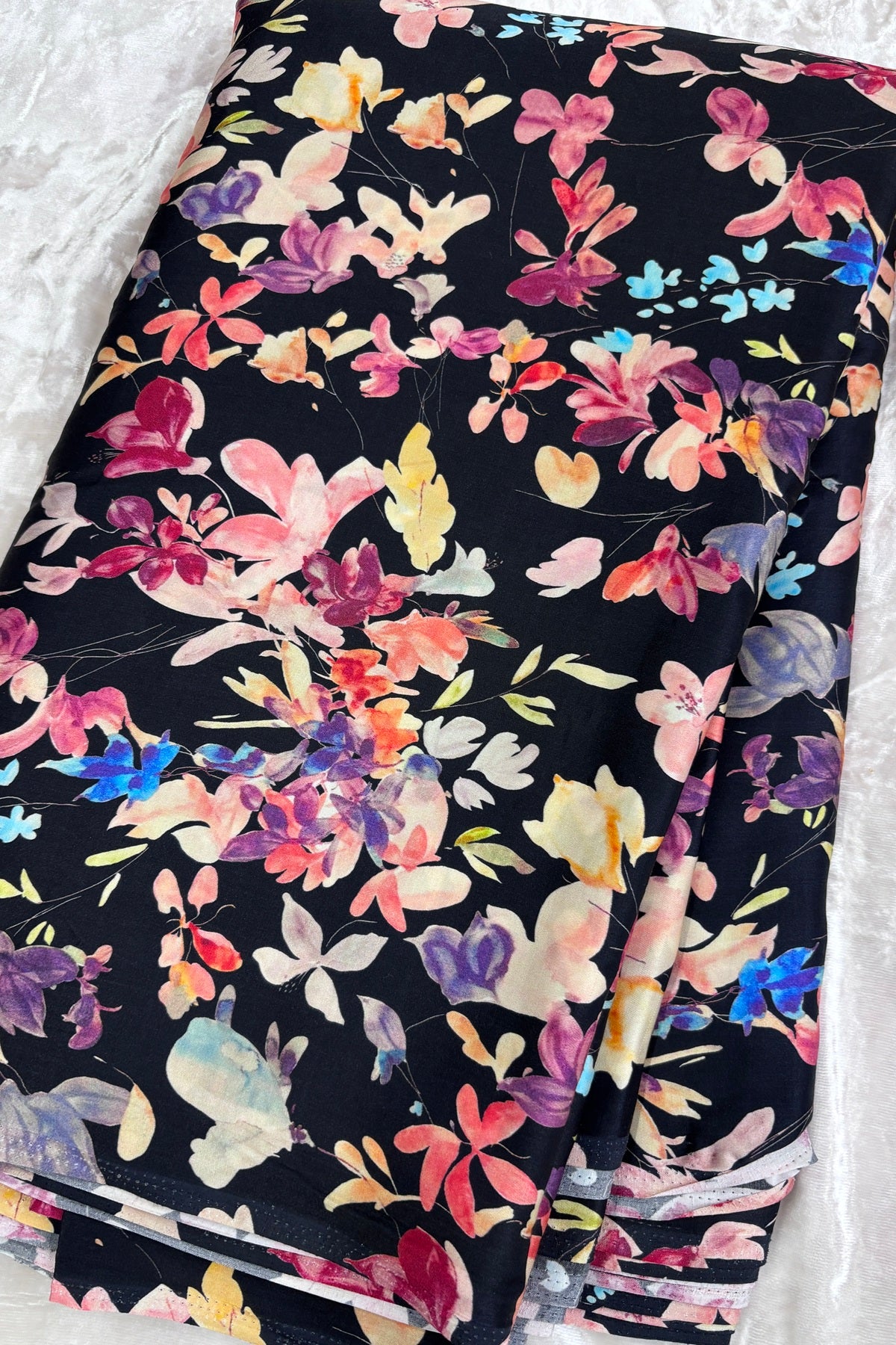 Black Multi Color Floral Printed Crepe Fabric