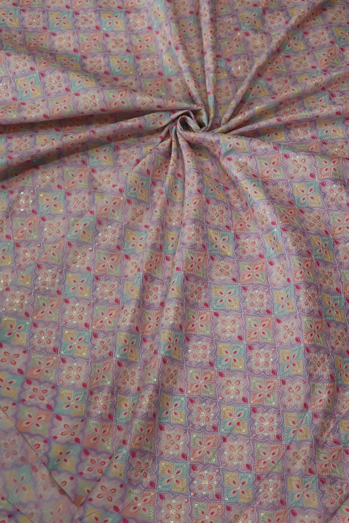 Semi Raw Silk Multi Geometrical Color Printed Fabric